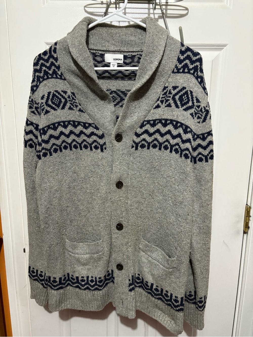Sonoma Gray Shawl Collar Cardigan with Navy Fair Isle Accents